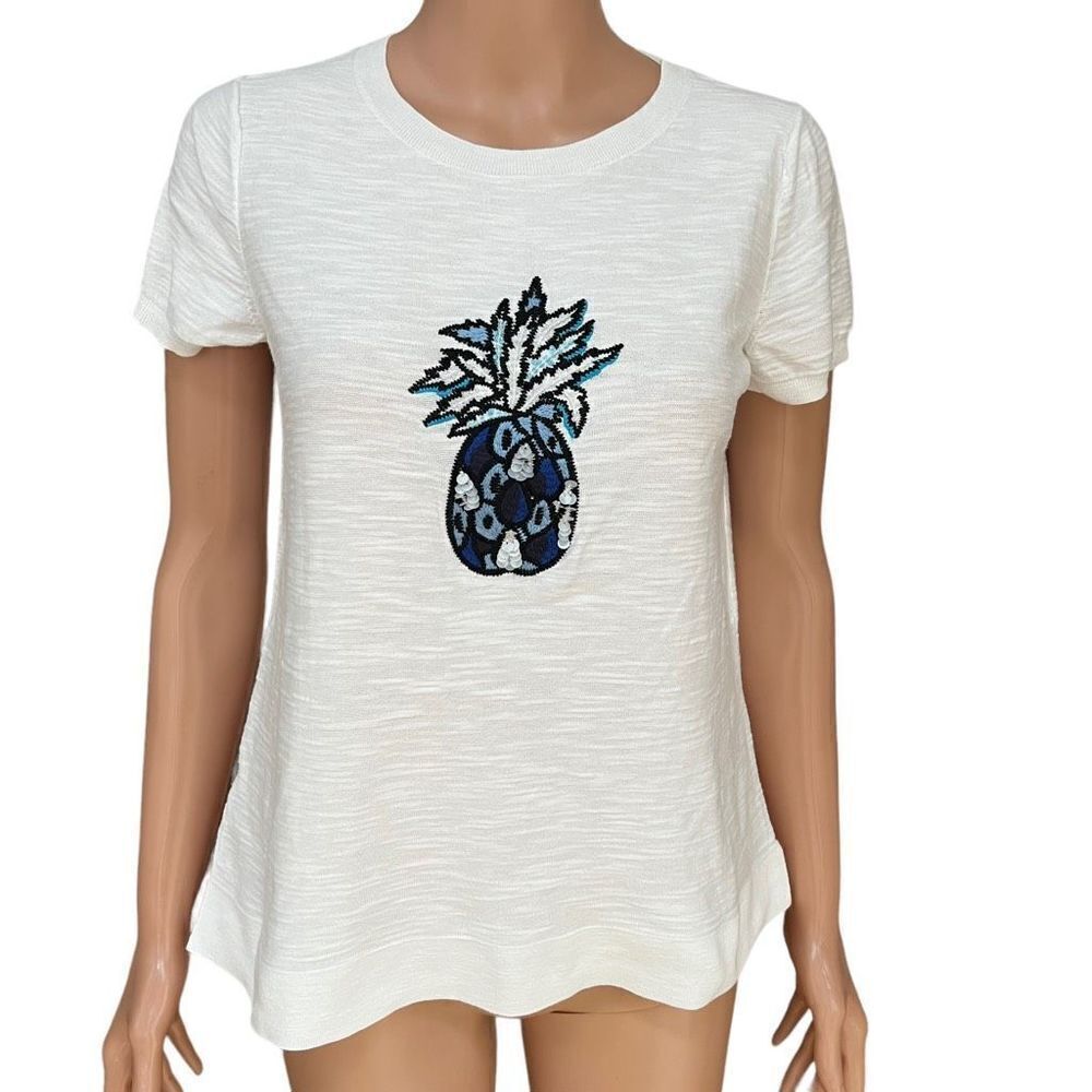 Loft white cotton Sequin Pineapple Sweater Tee shirt top size S